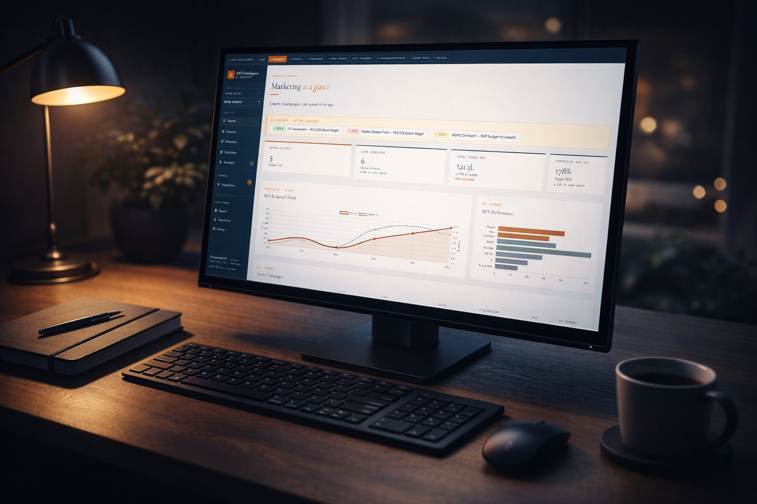 ANTS Intelligence Command Centre — Marketing dashboard showing live ROI, campaign performance, and AI-generated alerts across Google, Meta, LinkedIn, and Email channels